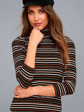 Free People I'm Cute Black Striped Turtleneck Top L